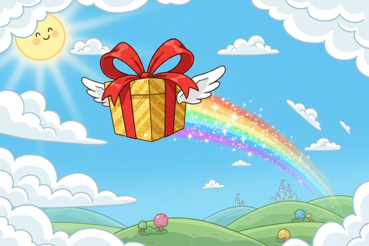 An illustrated gold gift box with a red bow and small white wings flies through a sunny sky, leaving a sparkling rainbow trail behind it.